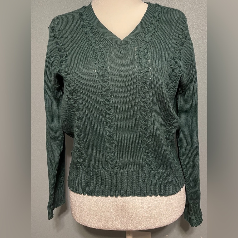 Forest Green Cable Knit Sweater 100% Wool Pullover Cozy Knit Preppy Medium - Picture 2 of 6